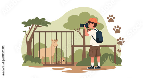 Young Tourist Capturing Wildlife at The Zoo During Sunny Day Trip