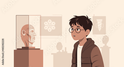 Young visitor captivated by ancient artifacts in a museum exhibition artfully depicting history and heritage