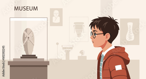 Young Visitor Gazing At Ancient Artifacts In A Museum Display Case