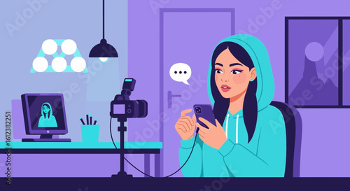 Young Vlogger Communicating With Audience Through Mobile Phone In Home Studio