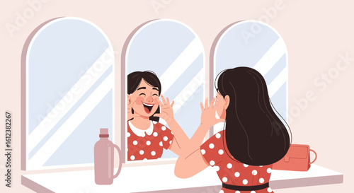 Young woman applying skincare product while looking in mirror with three panels