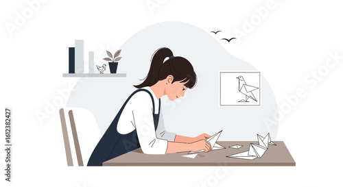 Young woman creating origami birds at her desk, a mindful creative activity filled with artistic passion and relaxing hobby