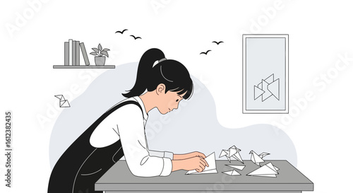 Young Woman Creates Origami In A Minimalist Room Setting And Bird Inspiration