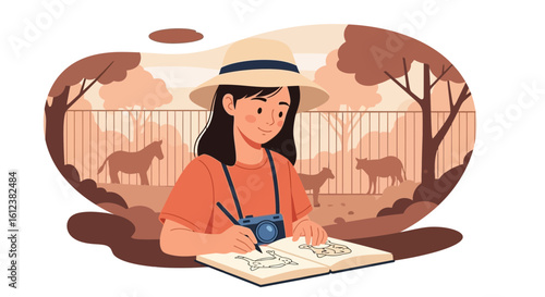 Young Woman Drawing Animals At The Zoo Illustration With Beige And Brown Colors