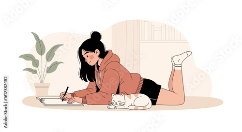 Young Woman Drawing on The Floor With Her Cat in Her Minimalist Room