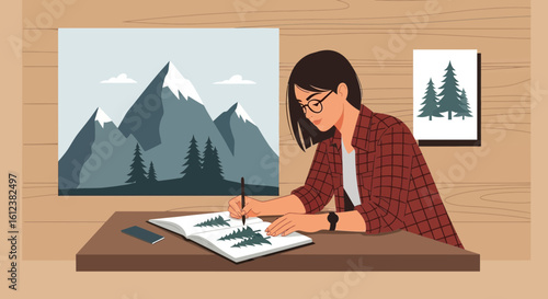 Young Woman Drawing Scenic Mountain Landscapes In Her Home Workspace