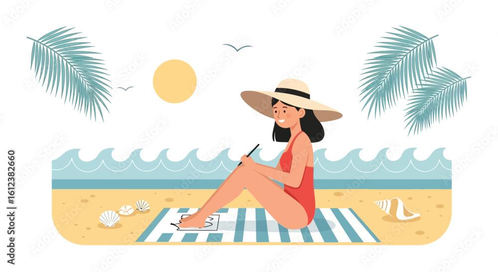 Young Woman Enjoying Summer Vacation Painting Art on the Beach Holiday Young Woman Enjoying Summer Vacation Painting Art on the Beach Holiday
