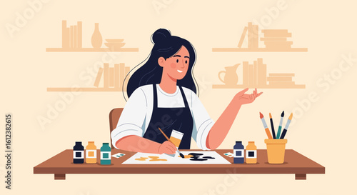 Young woman enjoying her painting hobby at home art creation scene illustration