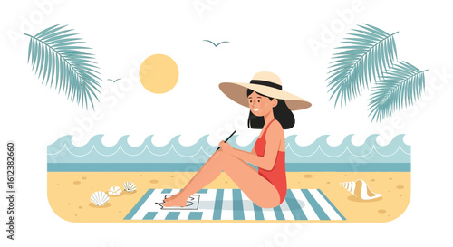Young Woman Enjoying Summer Vacation Painting Art on the Beach Holiday