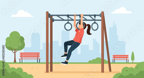 Young Woman Exercising on Gymnastic Rings in an Outdoor Park Setting