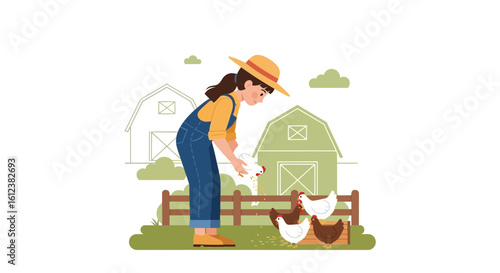 Young Woman Feeds Her Chickens In Rural Farm Countryside Background