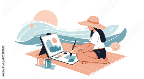 Young Woman Painting Summer Seascape at the Beach in Pastel Colors