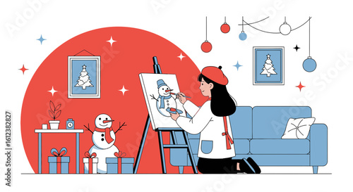 Young Woman Paints Snowman For Christmas Art Project At Home