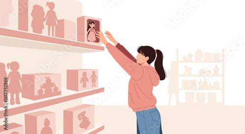 Young Woman Reaching For a Doll on a High Shelf in a Toy Store