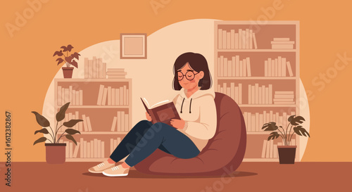 Young Woman Reading A Book In Cozy Home Library Relaxing On Beanbag Chair