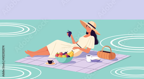 Young Woman Relaxes By The Water With Fruits At Lakeside Picnic