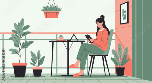 Young Woman Relaxing And Enjoying Digital Tablet On The Balcony Plants Around