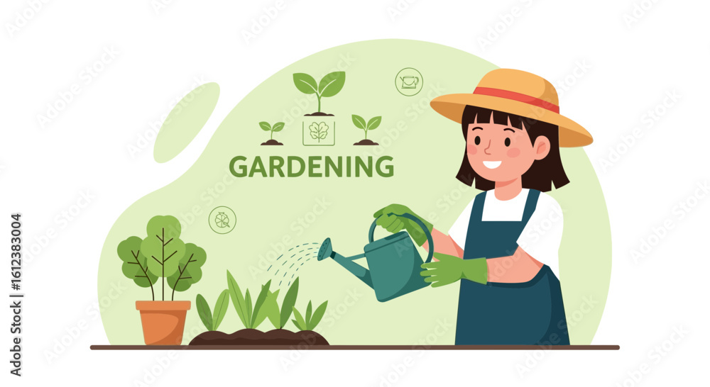 Young Woman Waters Plants In Her Garden With Smiling Face Expression Young Woman Waters Plants In Her Garden With Smiling Face Expression