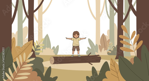 Youngster Balances Peacefully Upon Woodland Log At The Heart Of Forest Illustration