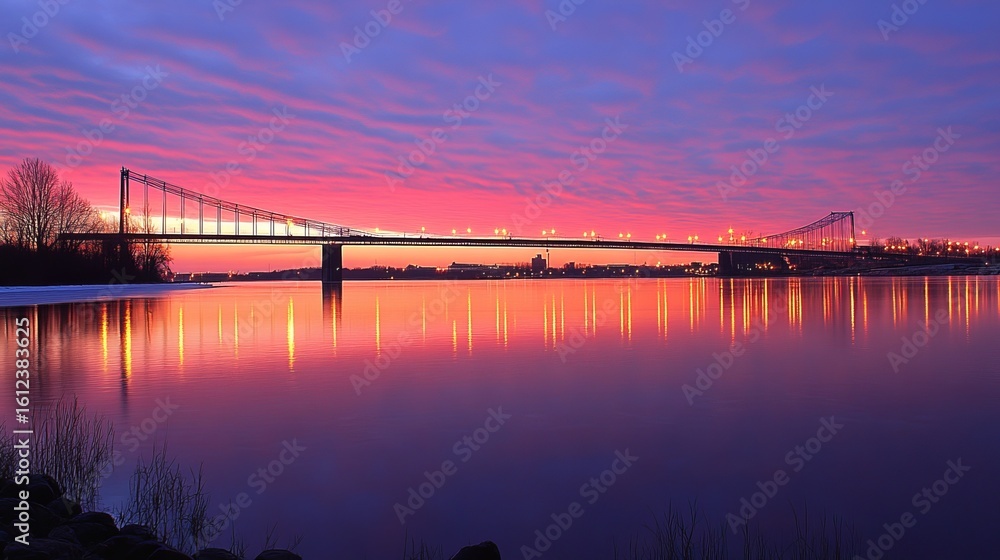 Fototapeta premium A tranquil river scene at sunrise, with a bridge spanning the water
