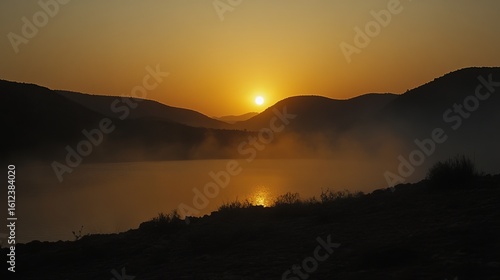 Wallpaper Mural Sunrise over a misty lake, silhouetted hills Torontodigital.ca
