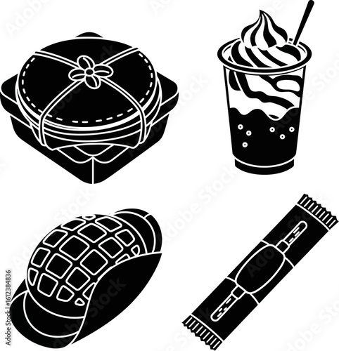 Black and White Food Icons Bento Box Frappuccino Taco and Packaged Treat Delicious Meal and Snack Selections