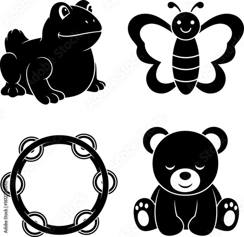 Collection of childrens icons featuring a frog butterfly tambourine and teddy bear ideal for playful designs and cheerful illustrations