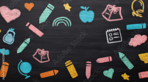 Colorful chalk drawings of school-related items like hearts, pencils, books, and globes on a blackboard background.
