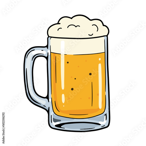 Beer mug filled with frothy golden beer on white background Concept of Hand-drawn flat vector illustration  