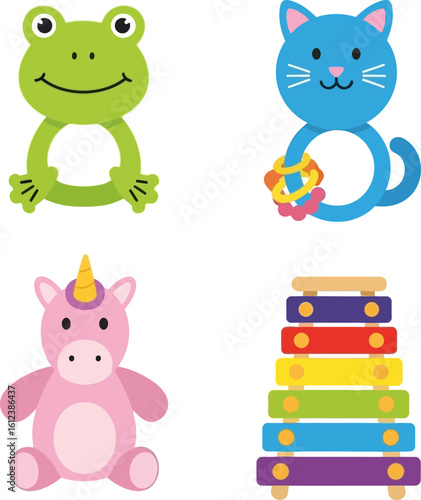 Colorful Cartoon Baby Toys Featuring Frog Cat Unicorn and Xylophone on a White Background Ideal for Childrens Illustration