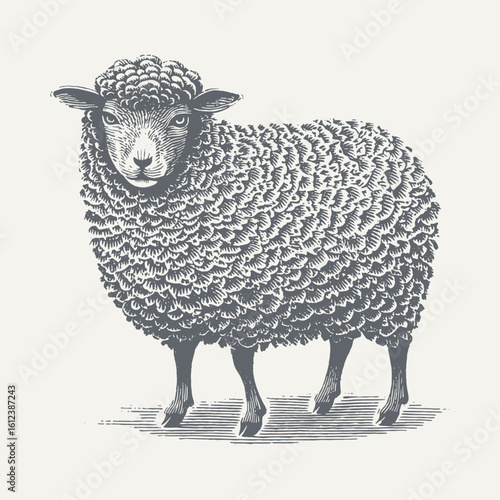 Detailed black and white illustration showcasing a sheep, highlighting its woolly texture of it's fur.
