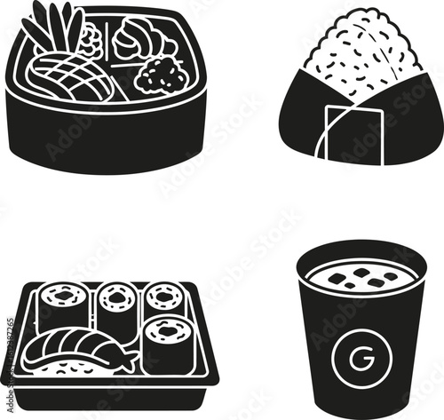 Variety of Japanese Food Icons Featuring Bento Box Onigiri Sushi and Soup Representing Asian Cuisine