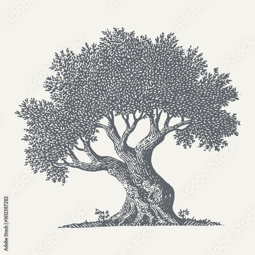 This vintage illustration features a magnificent tree with intricate details and a monochrome aesthetic.