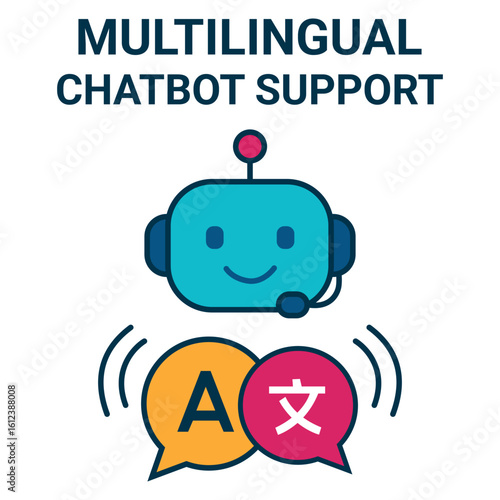 Multilingual Chatbot Vector Illustration – Language Translation AI Support Icon with Speech Bubbles