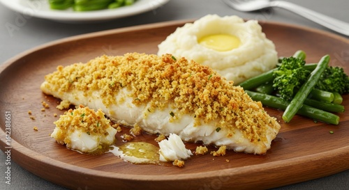 Baked fish with mashed potatoes and vegetables