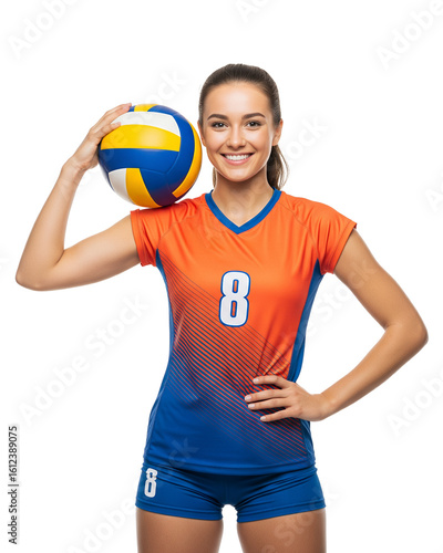 Confident female volleyball player smiles, proudly displaying her orange and blue uniform with number eight and holding a yellow and blue ball