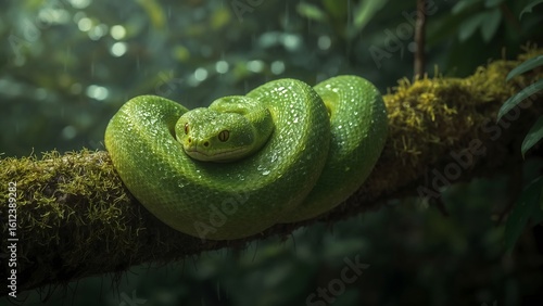 Green Snake Coiled on Moss-Covered Branch in Rainforest