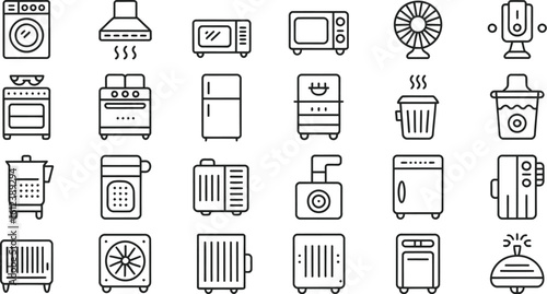 Collection of a Minimalist Style Line Art Home Appliances Isolated on a Plain Background