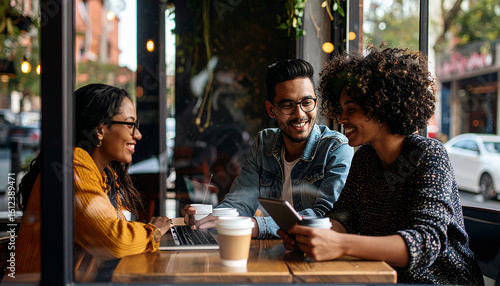 Young colleagues working together in a cafe, 300 dpi, widescreen 16:9, with free space for text
