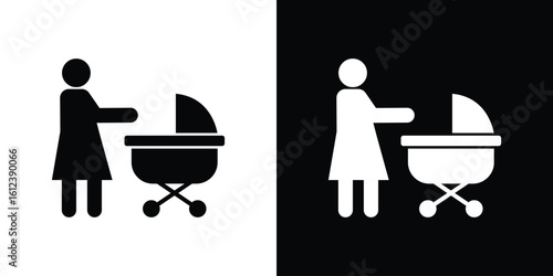 Woman with Baby Stroller icon elements vector illustration. flat style sign vector.