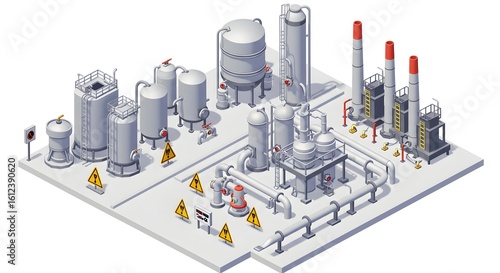 Isometric illustration of a modern industrial complex. A detailed view of a chemical factory or power plant with processing equipment.