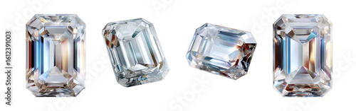 Set of four emerald-cut diamonds with enhanced facet clarity, blue color flashes and white brilliance reflections, rendered in high resolution and isolated on transparent background	