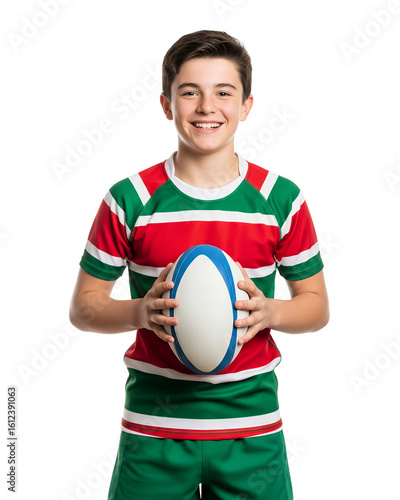 Smiling young boy in a vibrant green and red rugby jersey holding a ball