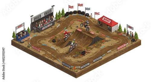 High-octane isometric motocross race. Dynamic dirt bike riders on challenging track with jumps. Captures extreme sport competition thrill.
