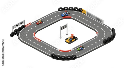 Isometric illustration of a go-kart race on a circuit track with competitors racing for the finish line