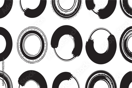 Abstract pattern of black brushstroke circle shapes on a white background