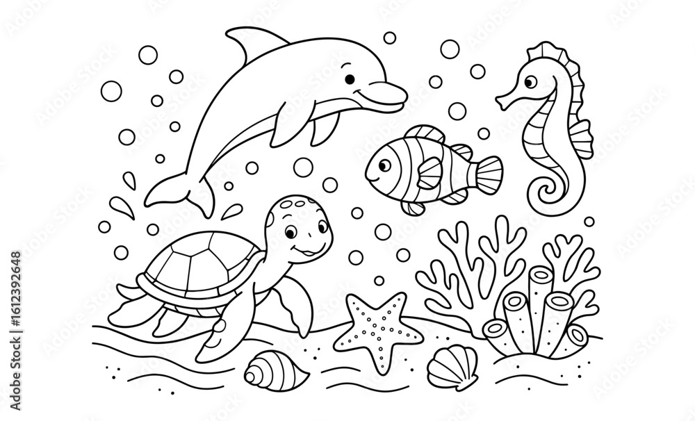 Fototapeta premium Playful ocean animals line art coloring page for kids