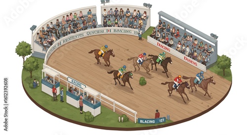 An isometric illustration of a thrilling horse race with jockeys competing on a dirt track in front of cheering spectators.