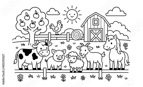 Charming farm animals coloring page: cow, pig, sheep, and more in a whimsical farmyard scene