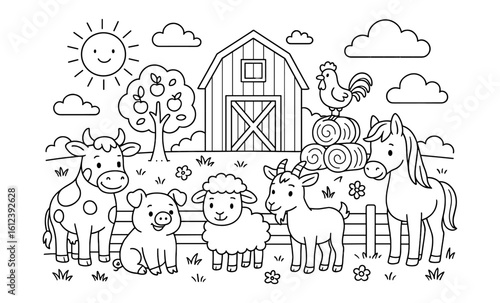 Cute farm animal silhouette in cartoon style with barn and sun